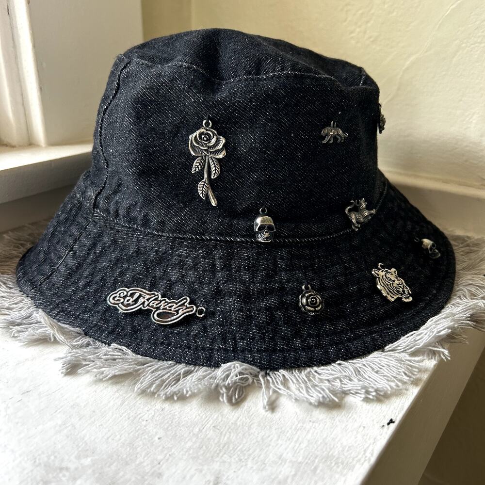 Ed Hardy Denim Fringe Charm Bucket Hat